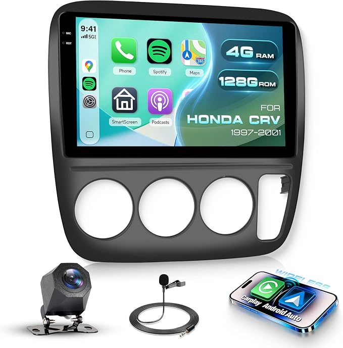 4G+128G Android Car Stereo for Honda CRV 1997-2001 with Wireless CarPlay Android Auto, 9 Inch Touchscreen Car Radio Mirror Link GPS Navigation WiFi Bluetooth FM RDS EQ SWC Backup Camera