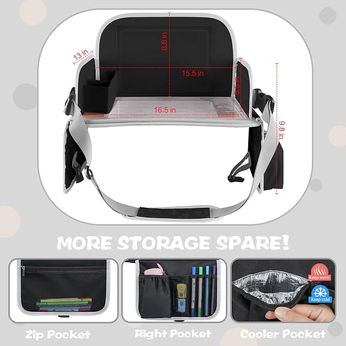 Kids Travel Tray for Car Seat, Road Trip Essential Kids Lap Tray | Toddler Gift for Boy Activities with Dry Erase Board, No-Drop iPad Holder Stand, Cooler Cup Holder & Adjustable Strap, Black