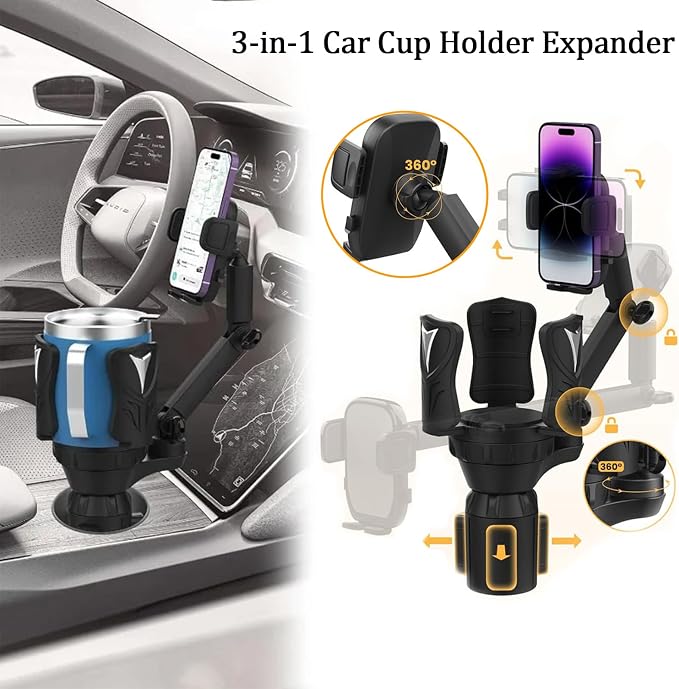 3-in-1 Car Cup Holder Expander with Adjustable Phone Mount – Universal Spill-Proof Bottle Holder & 360° Rotating Phone Stand for Large Drinks and Smartphones up to 4.1 Inches