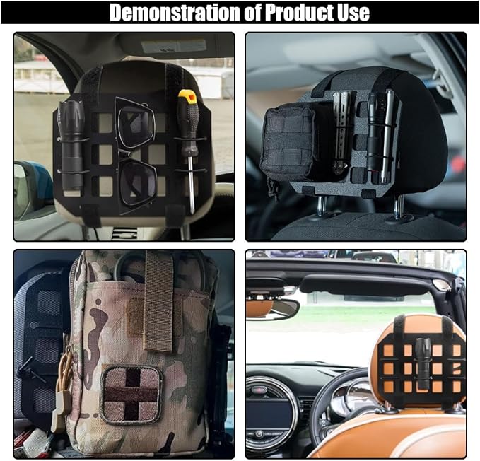 Car Headrest Organizer Rigid MOLLE Panel, Tactical Gear Seat Back Organizer, EDC Pouch Tool Gadget Holder, Backpack Insert Panel for Truck Equipment Mount Plate Modular Storage Shelf (Headrest Panel)