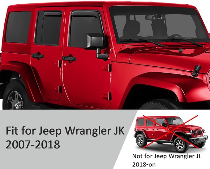 Voron Glass in-Channel Extra Durable Rain Guards for Jeep Wrangler JK 2007-2018, Window Deflectors, Vent Window Visors, 4 Pieces - 220246