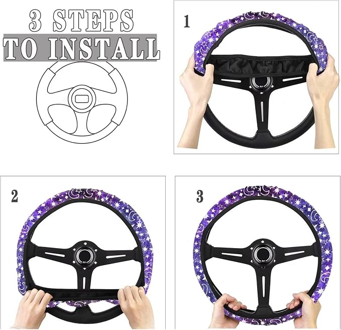 Purple Gradient Moon Star Pattern Car Steering Wheel Cover, 15 inches, Universal Fit for Car, SUV, Van, RV, Easy to Install, Anti-Slip Design