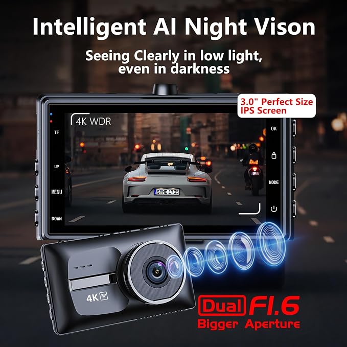 Dash Cam Front and Rear, 4K+1080P Dual Dash Camera for Cars, Free 64GB Card (256GB Max), 5.8GHz WiFi Up to 20MB/s, WDR Night Vision, 3" IPS, G-Sensor, Loop Recording, 24H Parking Mode