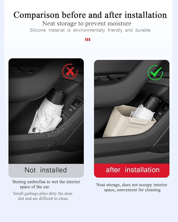 Car Interior Storage Box, Black Silicone Door Side Organizer with Umbrella Holder and Trash Can, Vehicle Accessory (Beige)