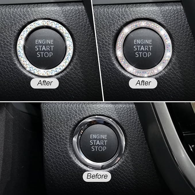Car Bling Rhinestone Engine Start Ring Stickers, 1 Single Drainage Drill and 1 Double Drainage Drill Car Start Button Cover, Key Ignition Knob Bling Ring Decals, Bling Car Accessories(Set Multicolor)