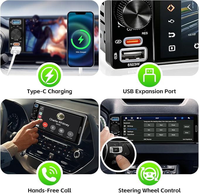 Single Din Car Stereo with Wireless Apple Carplay & Android Auto, 6.5" Full Laminated HD Touchscreen Car Radio with Bluetooth 1080P Backup Cam Navigation Mirror Link AM/FM USB & Type-C Charging EQ SWC