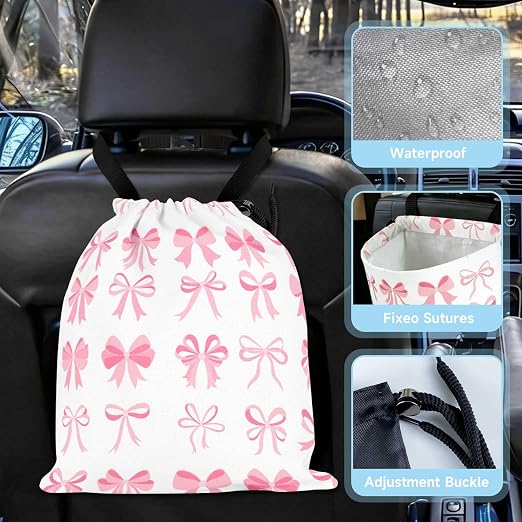 Cute Bow Car Trash Bag - Waterproof Car Trash Bag Hanging Leakproof Car Garbage Bag - Washable Reusable Trash Bag for Car Interior Hanging Organizer Storage Vehicle Travelling Camping