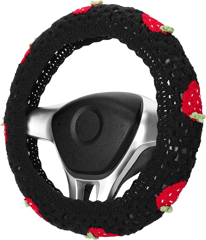 Crochet Steering Wheel Cover Set,Cute Car Steering Wheel Cover Boho 14-15in,Black Strawberry Granny Square, Hippie Car Accessories for Women (Black Strawberry Cover)