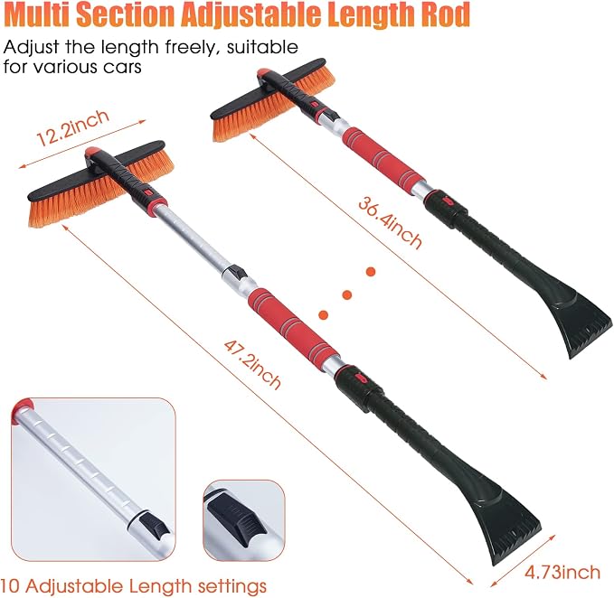 47.2" Extendable Snow Brush and Wider Ice Scraper (4.73" Width) with 360° Pivoting Brush Head, Snow Removal Tool Car Brush with Comfortable Foam Grip for Car Windshield, Trucks, SUVs