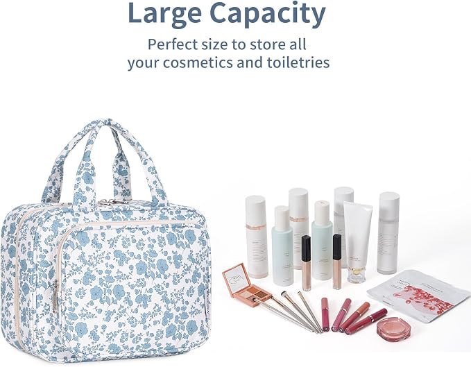Hanging Floral Toiletry Bag for Women Travel Makeup Bag Organizer Toiletries Bag for Travel Size Essentials Accessories Cosmetics (Blue Flower (Medium))