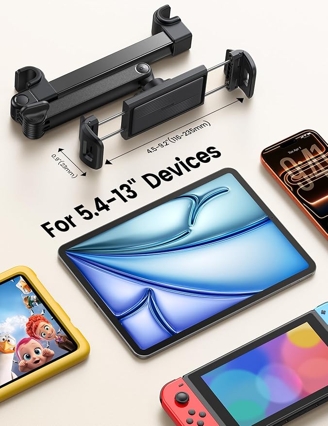 Car Headrest Tablet Holder - [Foldable Clip] [Lockable] Tablet Mount for Car Backseat, Car Accessories for Kids, for iPad Pro, Air, Mini, Galaxy Tab, Fire HD, 5.4-13" Tablets