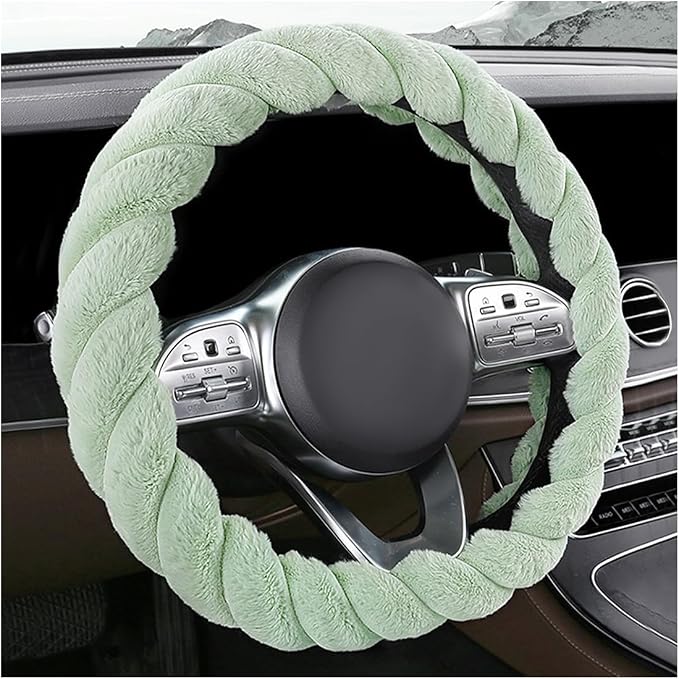 Fluffy Car Steering Wheel Cover, 15 Inches Anti-Slip Round Fuzzy Winter Steering Wheel Protector, Soft Warm Plush Steering Wheel Cover for Women Girls, Car Accessories (Green, D-Shaped)