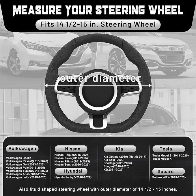 D Shaped Steering Wheel Cover for 14.5-15 inch Flat Bottom Wheels, Breathable Perforated Microfiber Leather, Anti-Slip Grip, Universal Fit for Cars & SUVs, Black