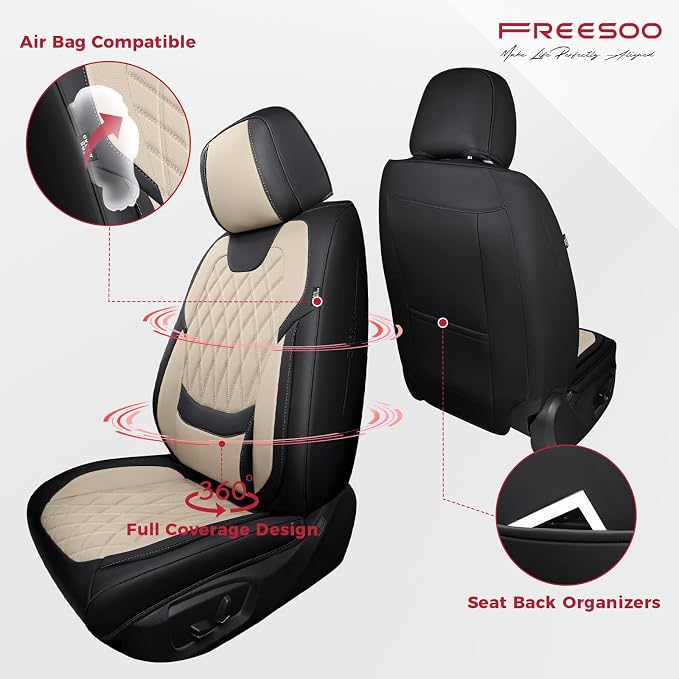 Front Car Seat Covers - Luxury Breathable Waterproof Faux Leather Car Seat Cushion Protectors with Lumbar Support, Universal Fit for Most 5 Seats Vehicles Sedans Hatchbacks Trucks, Black Beige