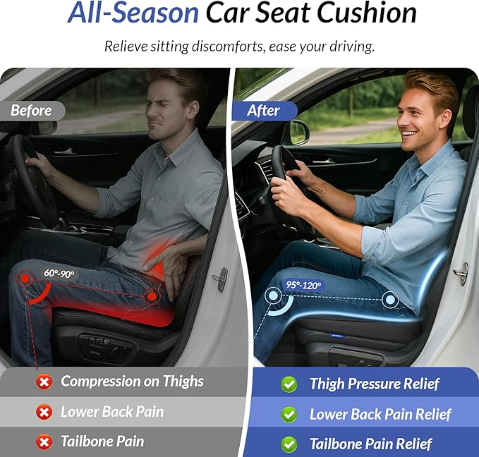 Wedge Car Seat Cushion for Tailbone Pain Relief & Better Visibility | Ergonomic Memory Foam Seat Cushion for Car with Breathable Channel Design, Fits Car, SUV, Truck, Non-Slip Mesh Cover