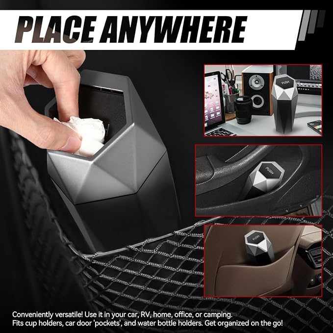 Car Trash Can with Lid, Compact 3" Garbage Bins Bottle Holder, 0.5L Capacity Car Interior Storage Organizer Container for Home Office, Silver