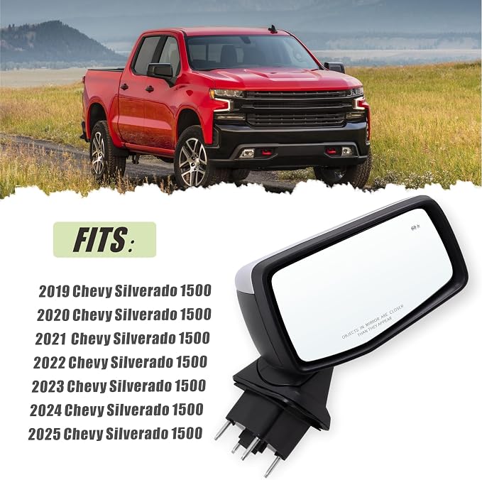 Right Passenger Side Mirror Compatible With 2019-2025 Chevy Silverado 1500 With Power Glass Manual Folding Temperature Sensor Turn Signal Heated Blind Spot Chrome Replace#GM1321586(9Pins)
