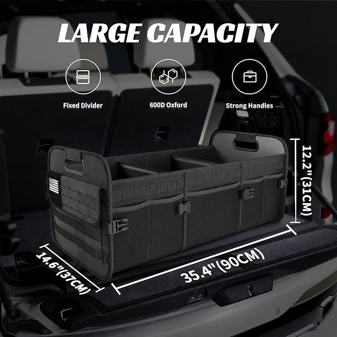 Car Trunk Organizer for SUV - 105L Collapsible Tactical MOLLE Car Storage with Reinforced Handles & Multiple Pockets, Sturdy Trunk Organizers for Groceries, Tools & Outdoor Storage (Black)