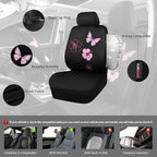 Universal Cloth Butterfly Car Seat Covers Full Set, Embroidered Flower Waterproof Car Floor Mats Carpet, Butterflies Steering Wheel Cover for Car Accessories Interior Sets (Black and Pink)