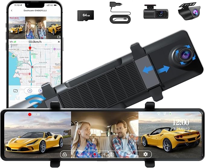 3 Channel Mirror Dash Cam, 12" Triple Rear View Mirror with Front 4K, Inside and Rear 1080P Cameras with 5.8GHz WiFi, G-Sensor, Night Vision, Reverse Assist, Parking Monitor