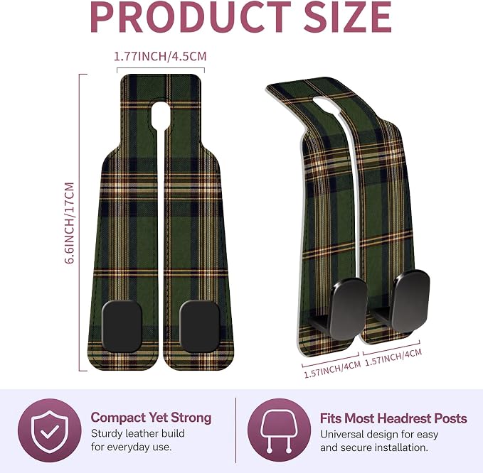 Car Seat Back Storage Hook, Funny Car Purse Hook, Cute Vehicle Storage Organizer for Purses Handbags Brown Green Plaid