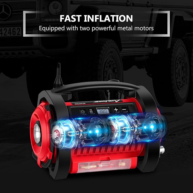 Tire Inflator Portable Air Compressor, 12V DC 110V AC Car Tire Pump, Air Mattress Pump with Inflation and Deflation Modes, Dual Powerful Motors, Digital Pressure Gauge