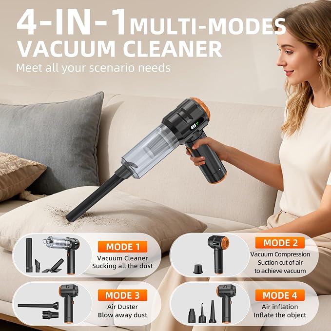 Handheld Vacuum Cleaner Cordless, 23000Pa Powerful Car Mini Vacuum Cleaner, Rechargeable Portable Lightweight dust Catcher for Home Car Carpet Stairs Pet Hair Deep Cleaning（Black-Orange）