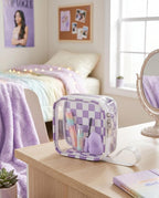 Preppy Cute Makeup Bag Travel Cosmetic Case Transparent Purple and Beige Checkered Toiletry Bag with Strap,Portable Make Up Organizer Traveling Compact Car Accessories for Girls