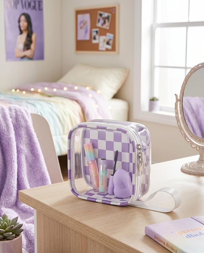 Preppy Cute Makeup Bag Travel Cosmetic Case Transparent Purple and Beige Checkered Toiletry Bag with Strap,Portable Make Up Organizer Traveling Compact Car Accessories for Girls