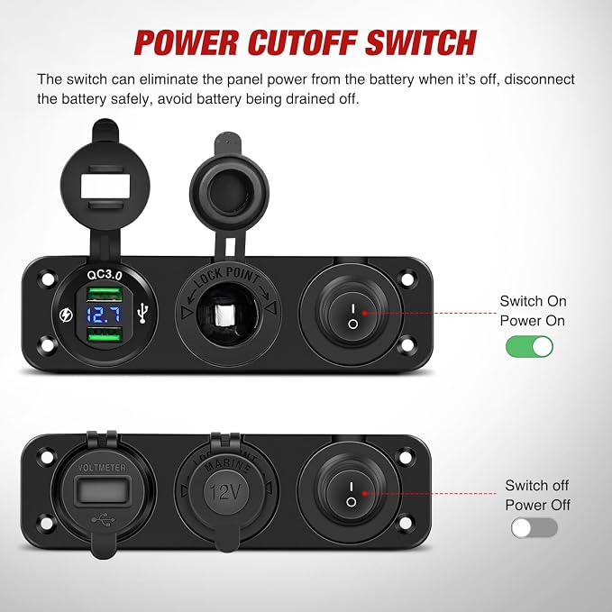 4 in 1 Charger Socket Panel Dual QC3.0 USB with LED Voltmeter Display and Cigarette Lighter Power Cutoff Switch for CarsTrucks UTV ATV