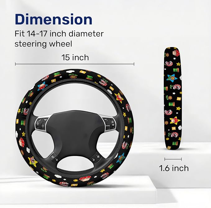 Black Retro Arcade Steering Wheel Cover, Polyester Non-Slip Car Wheel Grip, Universal 15 Inch Auto Accessory