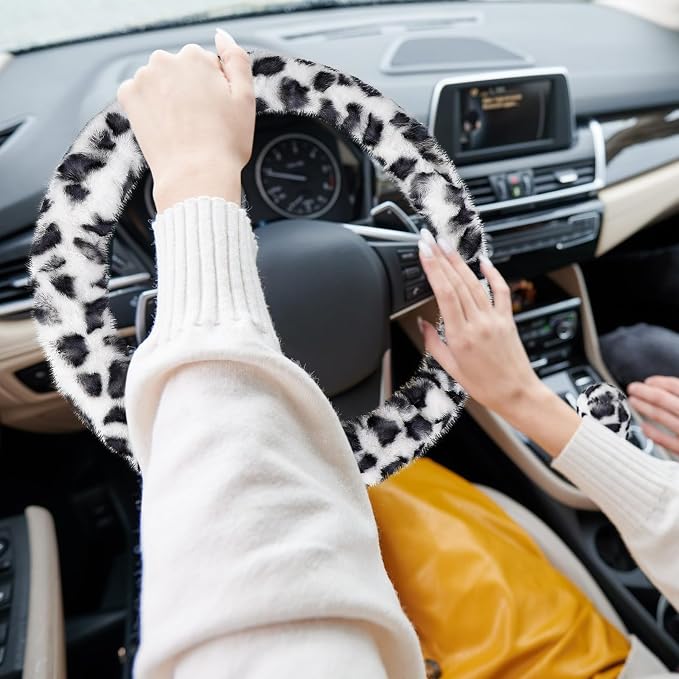 Fuzzy Car Steering Wheel Cover, Universal Fit Fur Auto Wheel Cover & Handbrake Cover & Gear Shift Cover Set, Leopard Winter Warm Fluffy Vehicle Wheel Protector Car Accessories for Men Women