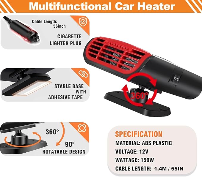 12V Portable Car Heater & Defroster, 3-in-1 Multi-Function Windshield Heater with Fast Heating, Defrost & Defog | 360° Adjustable Plug In Auto Heater for Vehicle, SUV, RV, Truck