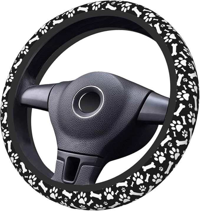 Paw Bones Steering Wheel Cover Car Elastic Steering Wheel Protector | Black White Dog Anti-Slip Breathable Car Accessories Interior for Women Men Universal 15 Inch Fit Auto SUVs Truck