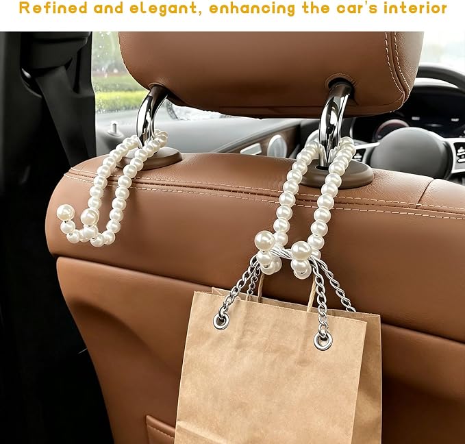 2 PCS Elegant Pearl Car Seat Headrest Hook, Cute Pearl Back Seat Hanger Auto Interior Decoration, Exquisite Vehicle Headrest Storage Organizer for Handbags Coats Keys