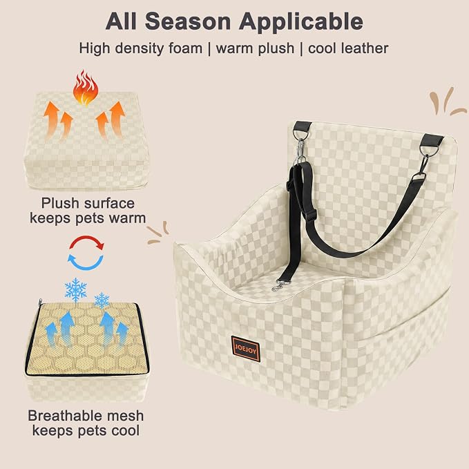 Elevated Dog Car Seat for Small/Medium Dogs up to 35 lbs, Memory Foam Booster Seat with Detachable Washable Cover, Travel-Safe Car Bed with Safety Belts & Storage Pockets, Beige