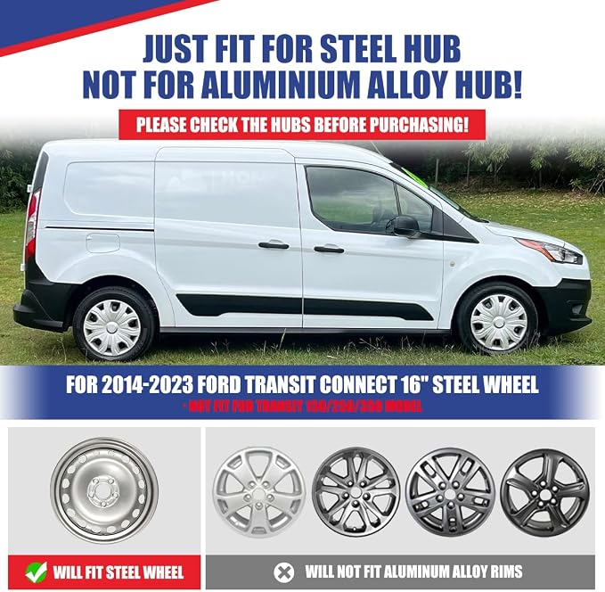 4Pcs 16 2014-2023 Wheel Hubcaps Rim Cover Fits for Ford Transit Connect | Steel ABS+PC Material Snap-On Installation inch Car ReplacementChrome