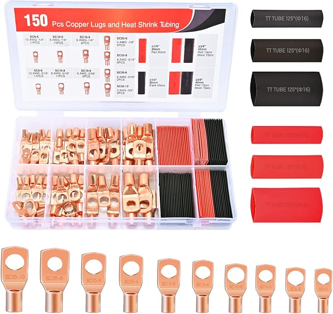 150PCS Copper Wire Lugs and Heat Shrink Tubing 2 4 6 8 10 AWG Heavy Duty Battery Terminal Crimp Connectors 70 PCS 80 3:1 Heatshrink Assortment Kit