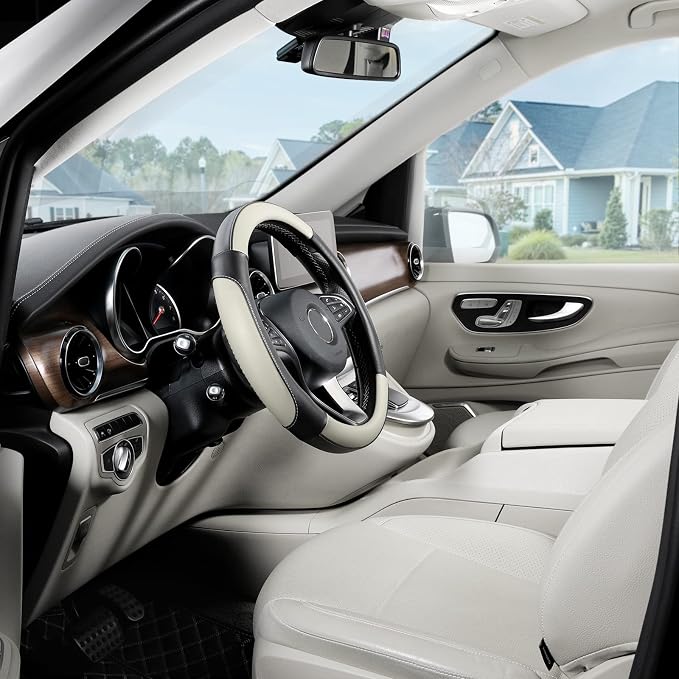 Car Steering Wheel Cover for Medium Standard Size Steering Wheels with 14 1/2-15 inches Outer Diameter, Black and Gray Microfiber Leather