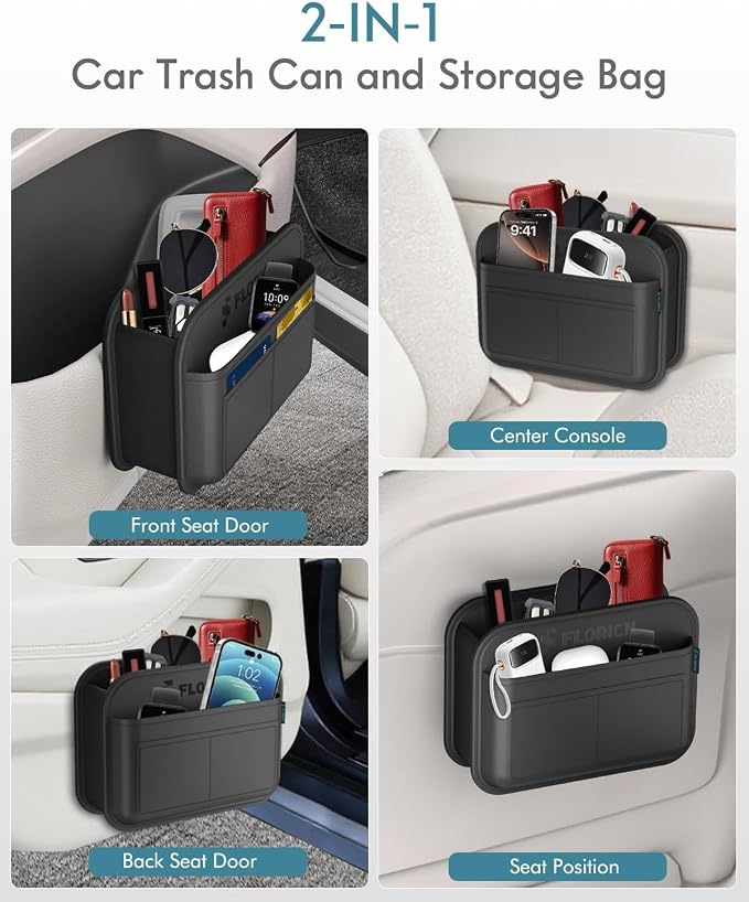 Upgrade Car Door Organizer, Small Leather Foldable Hanging Organizer and Trash Can 2-in-1, Multi-Function Mini Storage Box Garbage Can for Car Back Seats and Side Door-2Pack