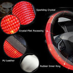 New Diamond Leather Steering Wheel Cover with Bling Bling Crystal Rhinestones, Universal Fit 15 Inch Car Wheel Protector for Women Girls Red Diamond