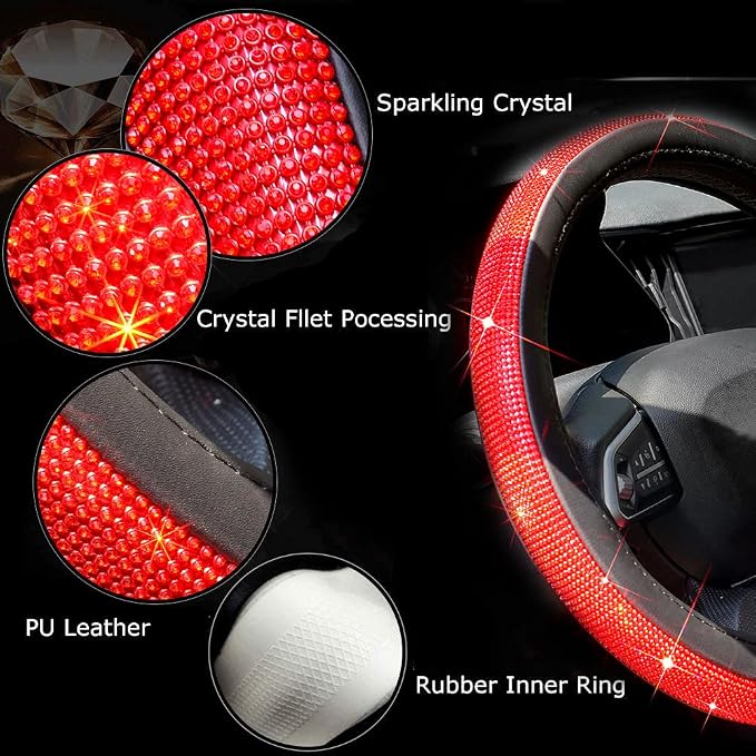 New Diamond Leather Steering Wheel Cover with Bling Bling Crystal Rhinestones, Universal Fit 15 Inch Car Wheel Protector for Women Girls Red Diamond