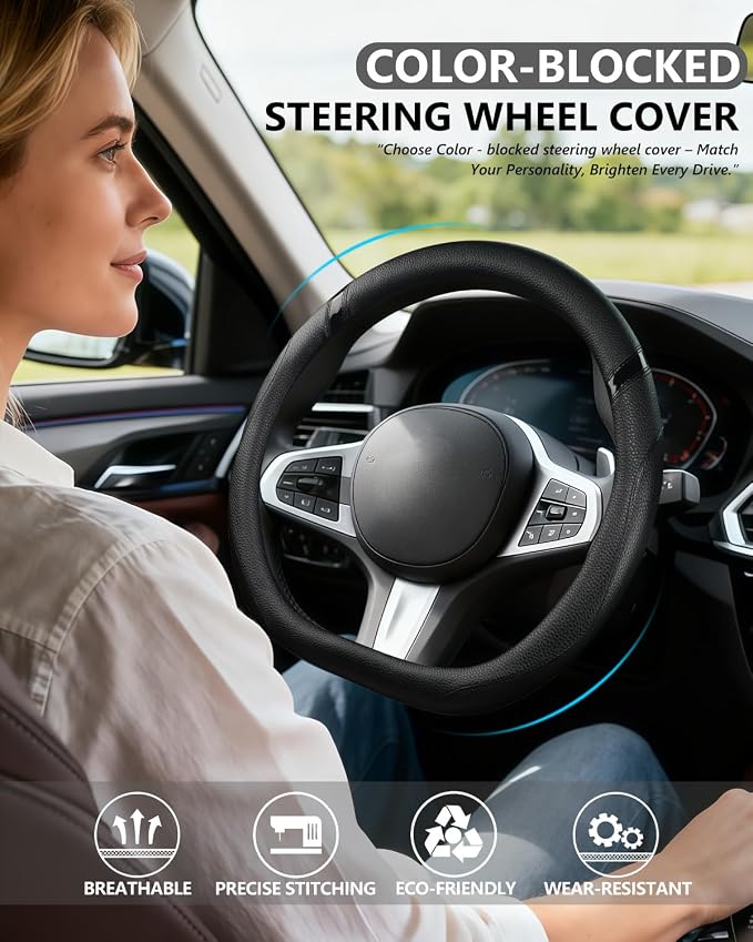 D-Shaped Flat Bottom Steering Wheel Cover, Men Women Girl Stylish Car Accessory Non-Slip Car Interior Accessories (Black)