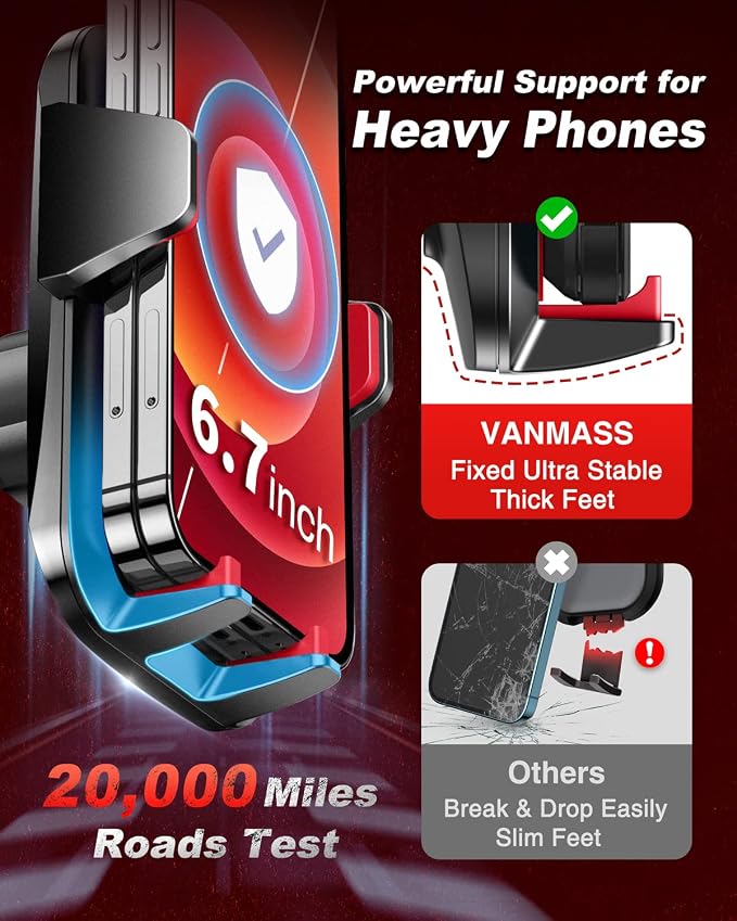 【85+LBS Strongest Suction & Military-Grade Ultimate Car Phone Mount【Patent & Safety Certs】 Cell Phone Holder for Dash Windshield Vent for iPhone 17 Pro Max Automobile Accessory Kits,Red