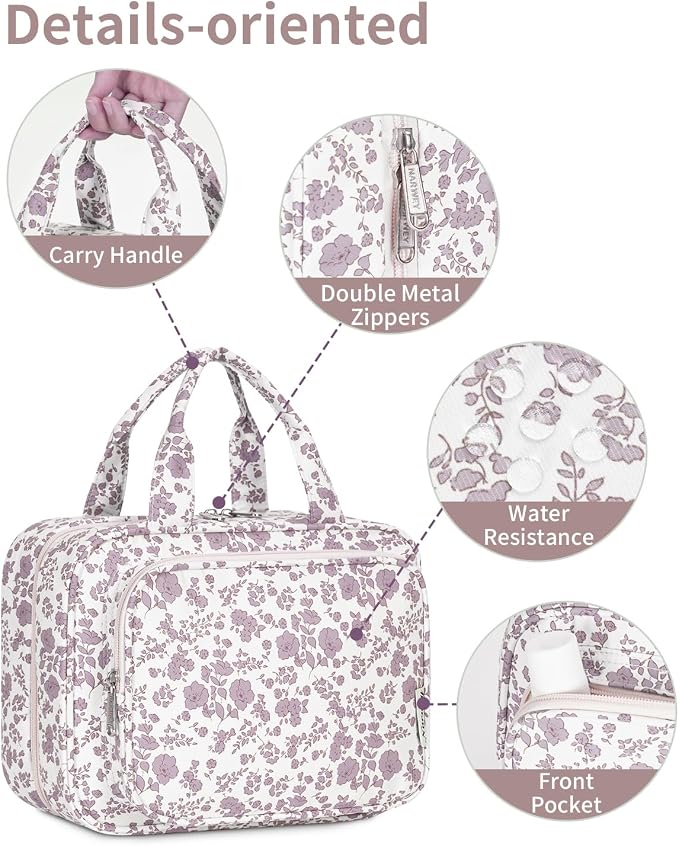 Hanging Floral Toiletry Bag for Women Travel Makeup Bag Organizer Toiletries Bag for Travel Size Essentials Accessories Cosmetics (Dusty Pink Flower (Medium))