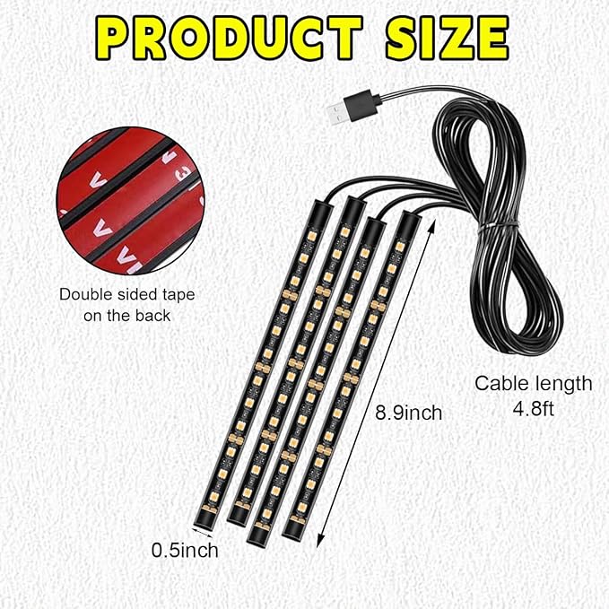 Car LED Strip Light, 48 LEDs RGB Neon Interior Atmosphere Lights, 12V Under Dash Ambient Night Light, USB Port Auto Interior Decorative Lamp, Universal Car Accessories (Red)