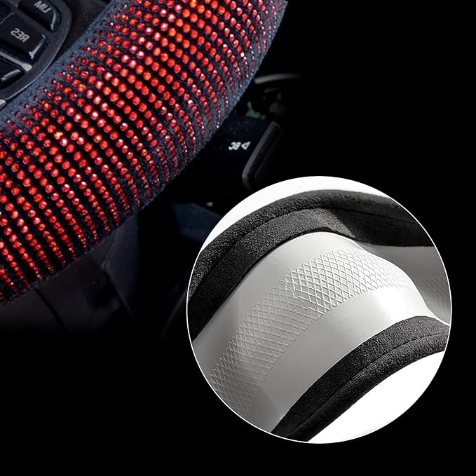 Steering Wheel Cover for Women Bling Bling Crystal Diamond Sparkling Car SUV Wheel Protector Universal Fit 15 Inch (Black with Red Diamond,Standard Size(14" 1/2-15" 1/4))