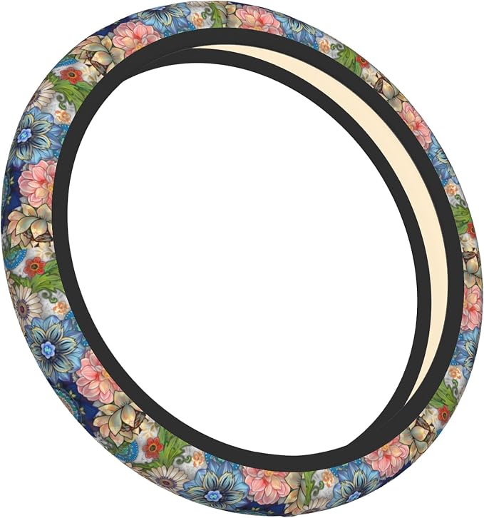 Colorful Boho Floral Bright Blossoms Print Cute Steering Wheel Cover for Women,Car Accessories Interior Decor Universal for SUV Sedan Trucks (15 Inch)