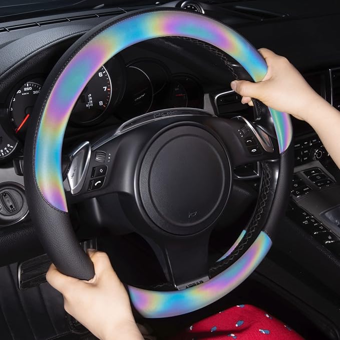 Chameleon Iridescent Reflective PU Leather Steering Wheel Cover,15Inch Universal Fit for 95% Suvs,Sedans,Vans,Trucks for Unique Cute Women Lady Girly(Black Colorful Color Change) Multicolor