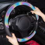 Chameleon Iridescent Reflective PU Leather Steering Wheel Cover,15Inch Universal Fit for 95% Suvs,Sedans,Vans,Trucks for Unique Cute Women Lady Girly(Black Colorful Color Change) Multicolor